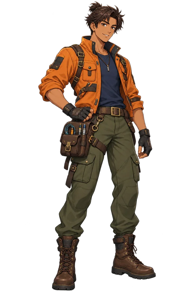 Jax Solis in an amber utility jacket, with dark hair and a mechanic's tool bag.